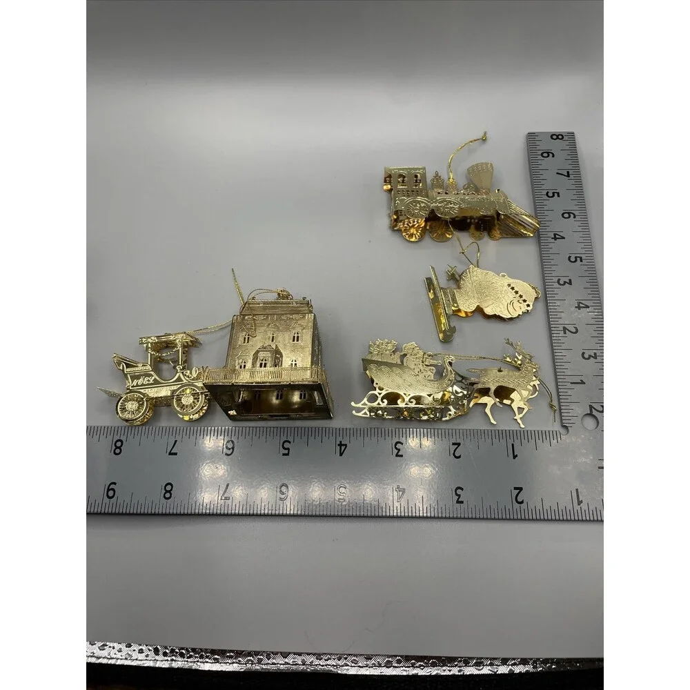 11 Gold Metal Filigree Christmas Ornaments Santa Sleigh Train Tree Snowflake